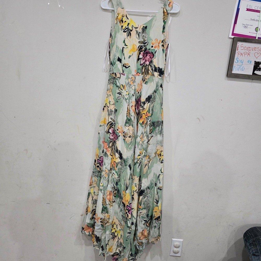 Peruvian Connection Tahitian Flowers Maxi Dress Floral V-Neck Mesh Green Small - Picture 6 of 7